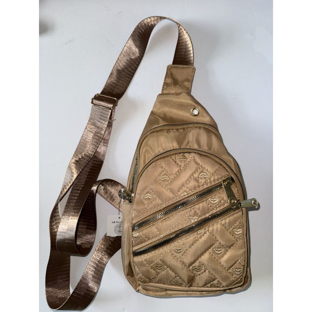 NWT AR New York Tan Brown Gold Quilted 4 Pocket Sling Bag